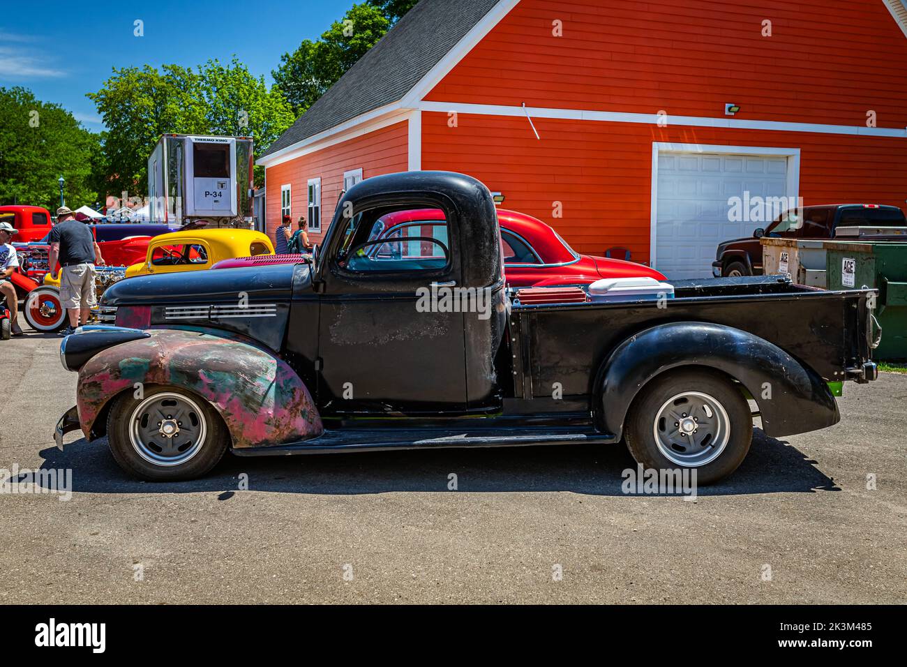 Falcon Heights, MN - June 18, 2022: High perspective side view of a 1946 Chevrolet AK Series Pickup Truck at a local car show. Stock Photo