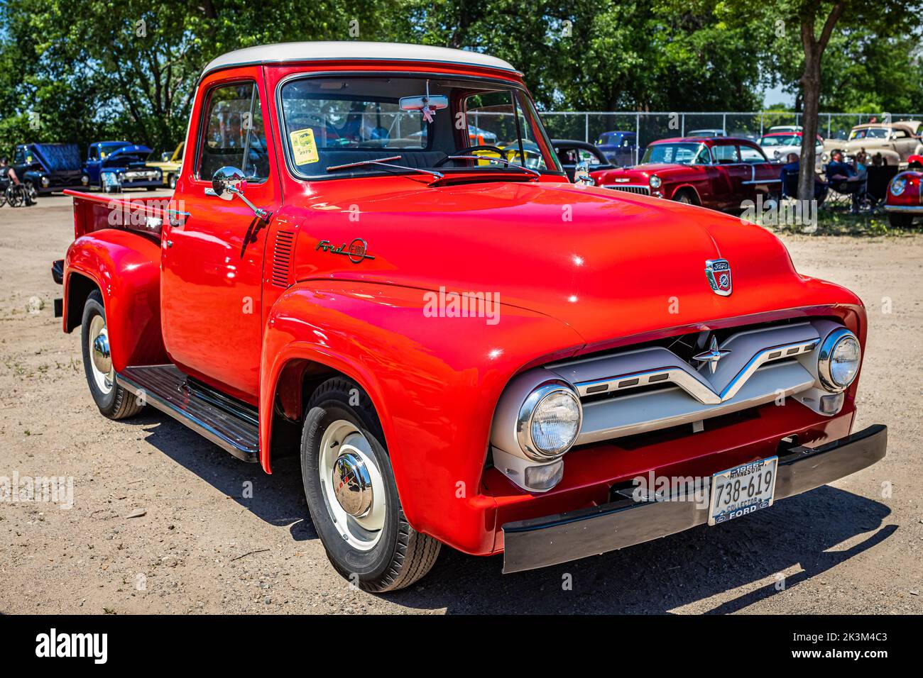 Falcon Heights, MN - June 18, 2022: High perspective front corner view of a 1955 Ford F100 Pickup Truck at a local car show. Stock Photo