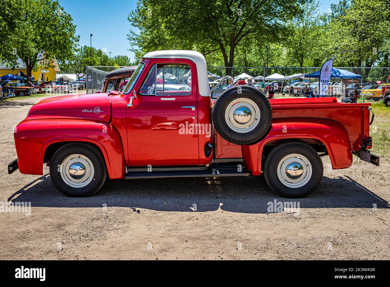 Falcon Heights, MN - June 18, 2022: High perspective side view of a 1955 Ford F100 Pickup Truck at a local car show. Stock Photo