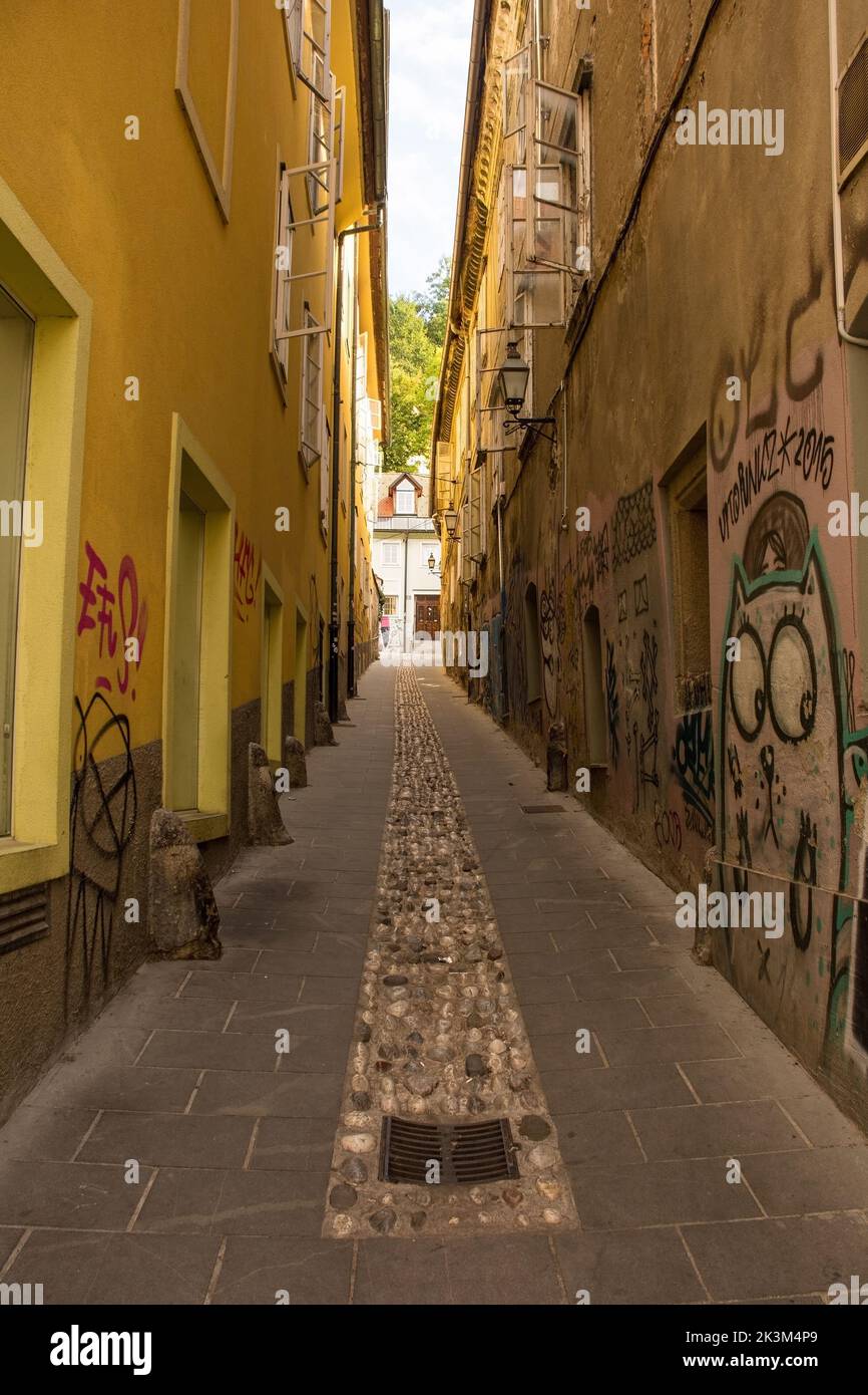 Ljubljana, Slovenia September 4th 2022. A quiet back alley in central Ljubljana, Slovenia