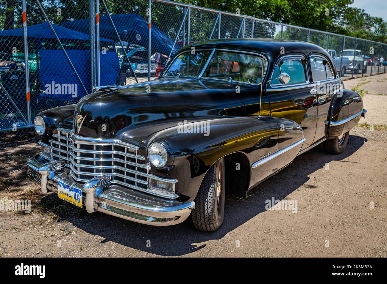 Falcon Heights, MN - June 18, 2022: High perspective front corner view of a 1946 Cadillac Fleetwood 60 Special Sedan at a local car show. Stock Photo