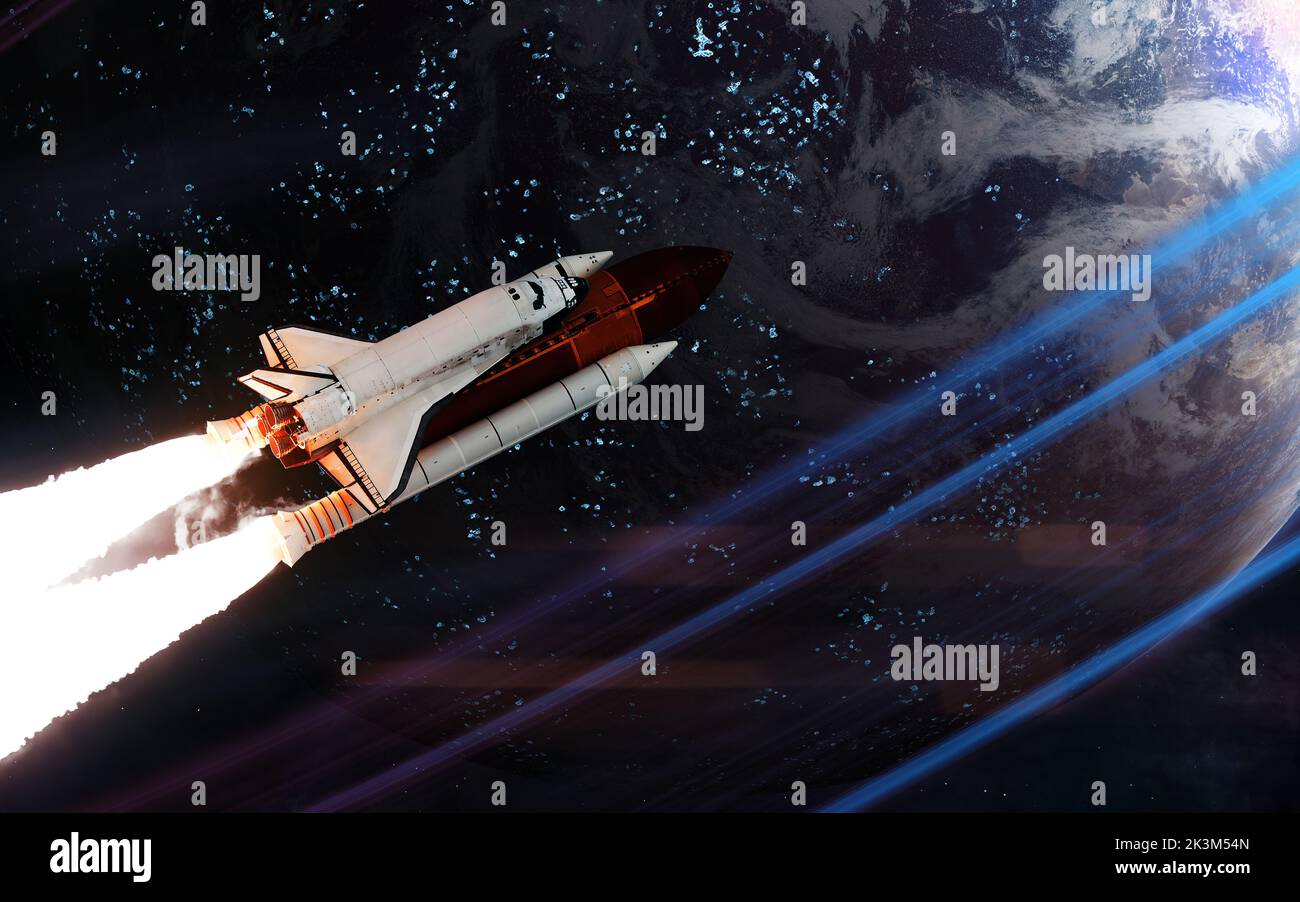 Space shuttle on background of habitable deep space planet Stock Photo