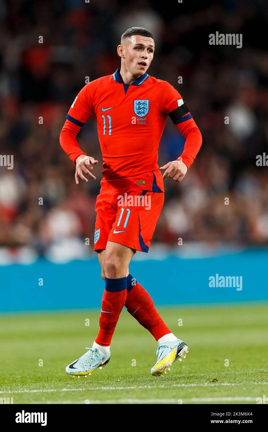 London, UK. 26th Sep, 2022. Phil Foden of England during the UEFA Nations League Group C match between England and Germany at Wembley Stadium on September 26th 2022 in London, England. (Photo by Daniel Chesterton/phcimages.com) Credit: PHC Images/Alamy Live News Stock Photo
