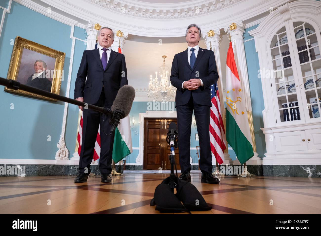 US Secretary of State Antony Blinken and Tajikistan Foreign Minister Sirojiddin Muhriddin (L) speak to the press prior to meetings at the State Department in Washington, DC, September 27, 2022. Saul Loeb/Pool via REUTERS Stock Photo