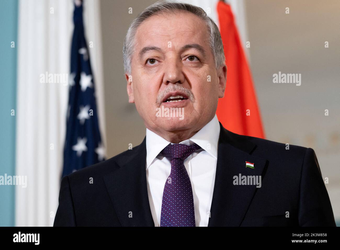 Tajikistan Foreign Minister Sirojiddin Muhriddin speaks to the press prior to meetings with US Secretary of State Antony Blinken at the State Department in Washington, DC, U.S. September 27, 2022. Saul Loeb/Pool via REUTERS Stock Photo