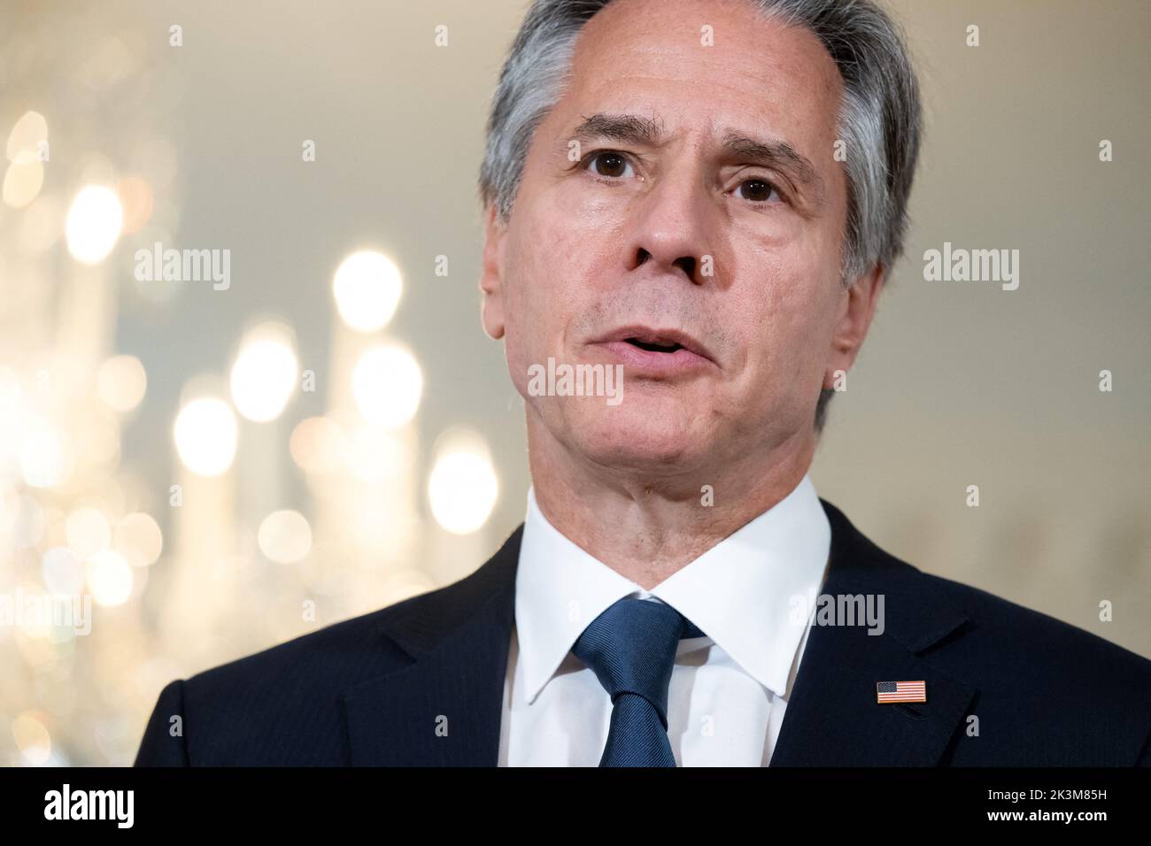 US Secretary of State Antony Blinken speaks to the press prior to meetings with Tajikistan Foreign Minister Sirojiddin Muhriddin at the State Department in Washington, DC, U.S. September 27, 2022. Saul Loeb/Pool via REUTERS Stock Photo