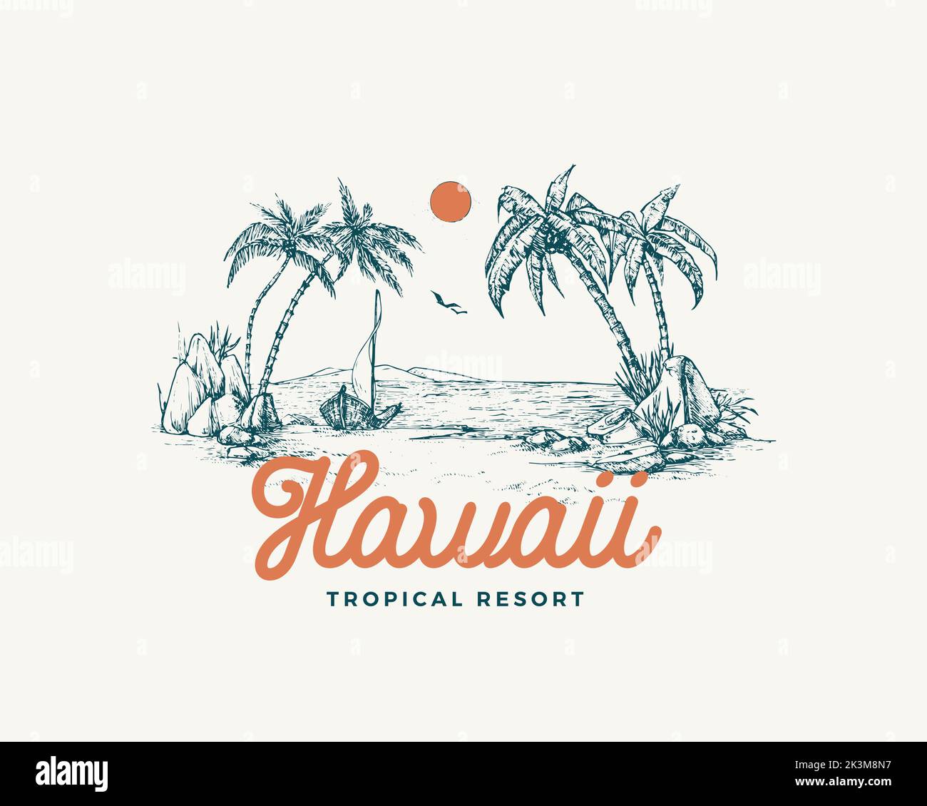 Hawaii tropical resort view badge or logo template. Hand drawn beach ...