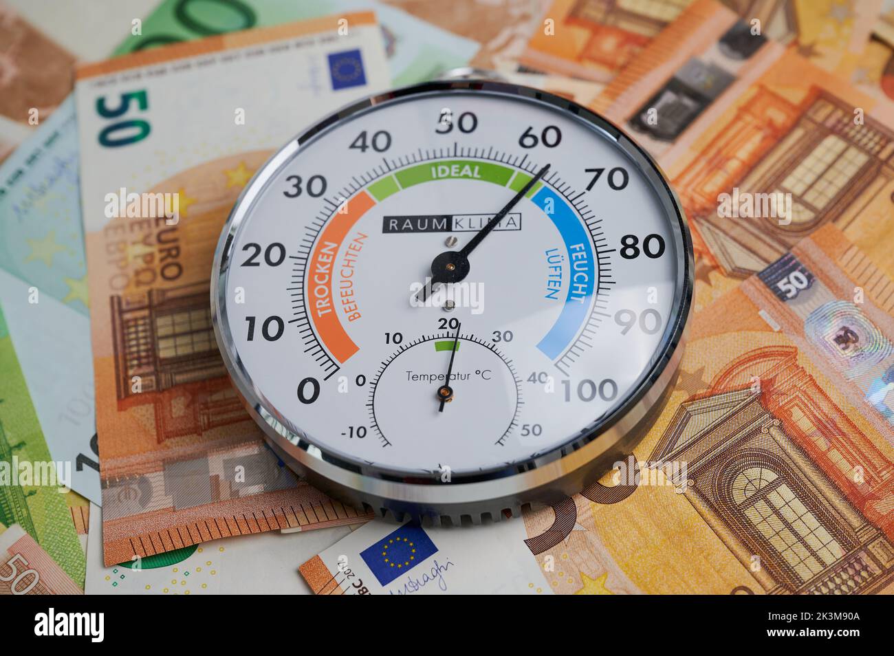 hygrometer with German text on Euro banknotes Stock Photo