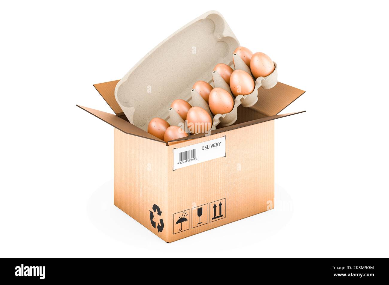 Eggs inside parcel, order and delivery concept. 3D rendering isolated on white background Stock