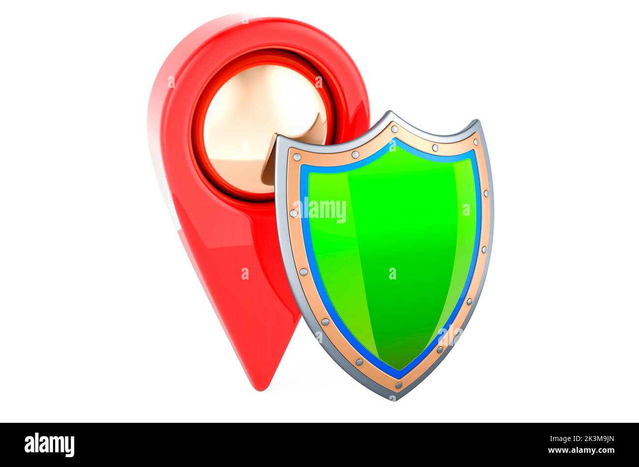 Map pointer with shield, 3D rendering isolated on white background ...
