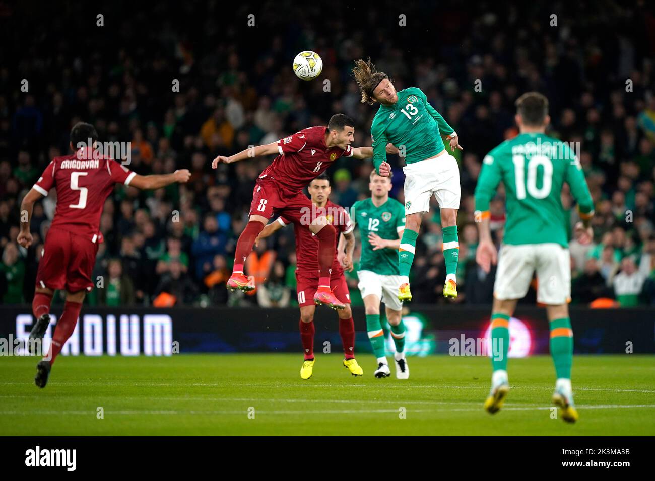 Republic of Ireland's Jeff Hendrick and Armenia's Eduard Spertsyan battle for the ball during the UEFA Nations League match at the Aviva Stadium in Dublin, Ireland. Picture date: Tuesday September 27, 2022. Stock Photo