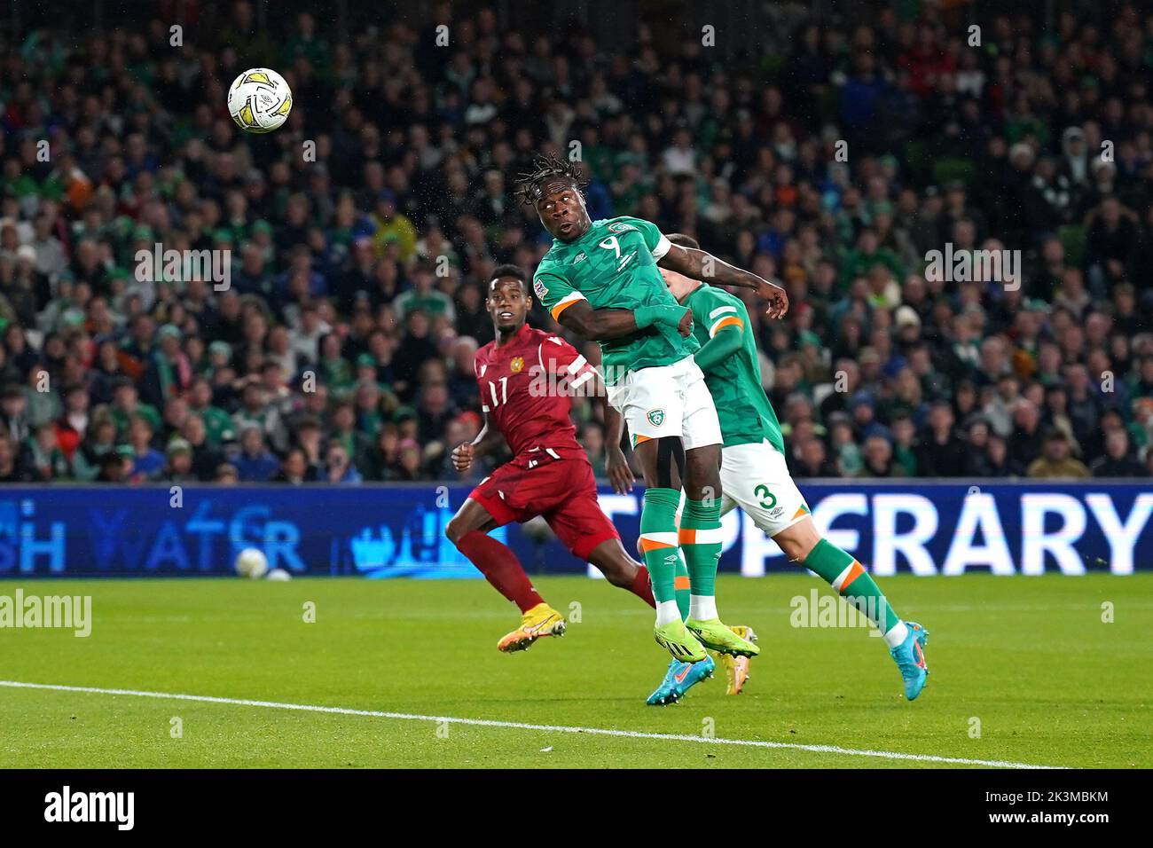 Republic of Ireland's Michael Obafemi (centre) heads towards goal during the UEFA Nations League match at the Aviva Stadium in Dublin, Ireland. Picture date: Tuesday September 27, 2022. Stock Photo