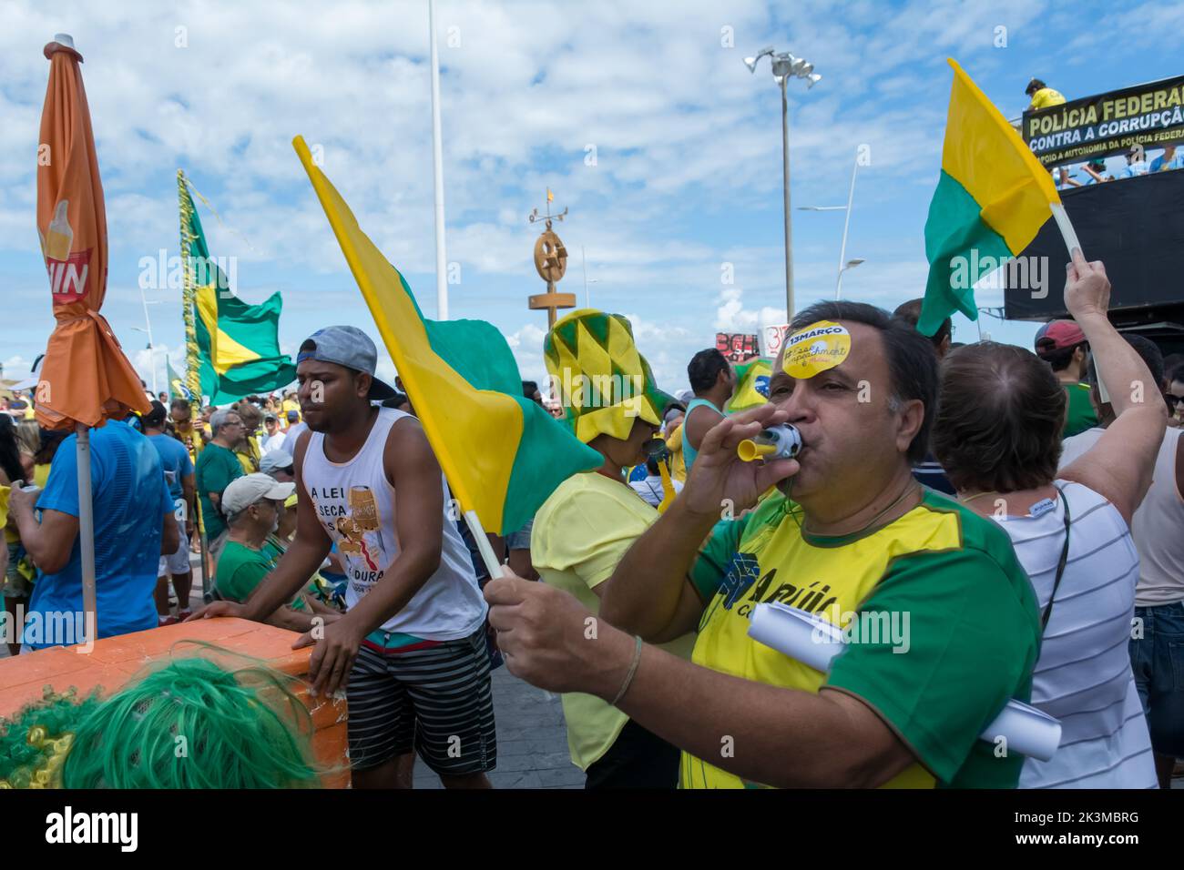 Brazilians protesting against the government of President Dilma Rousseff, Brazil, at Farol da Barra. Stock Photo