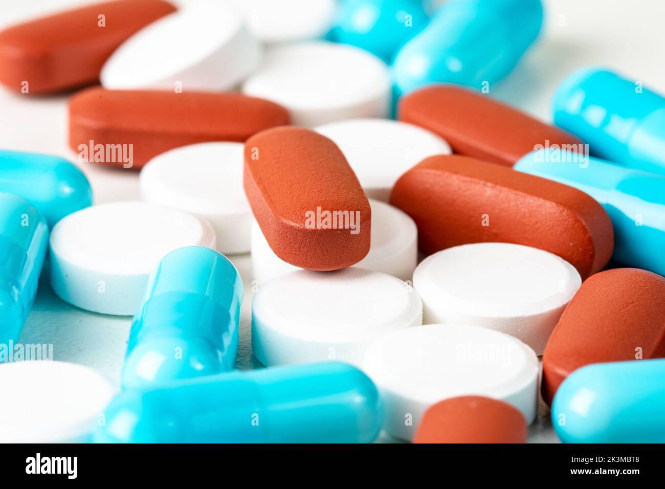A closeup of different types of medicines on the table. Concept of