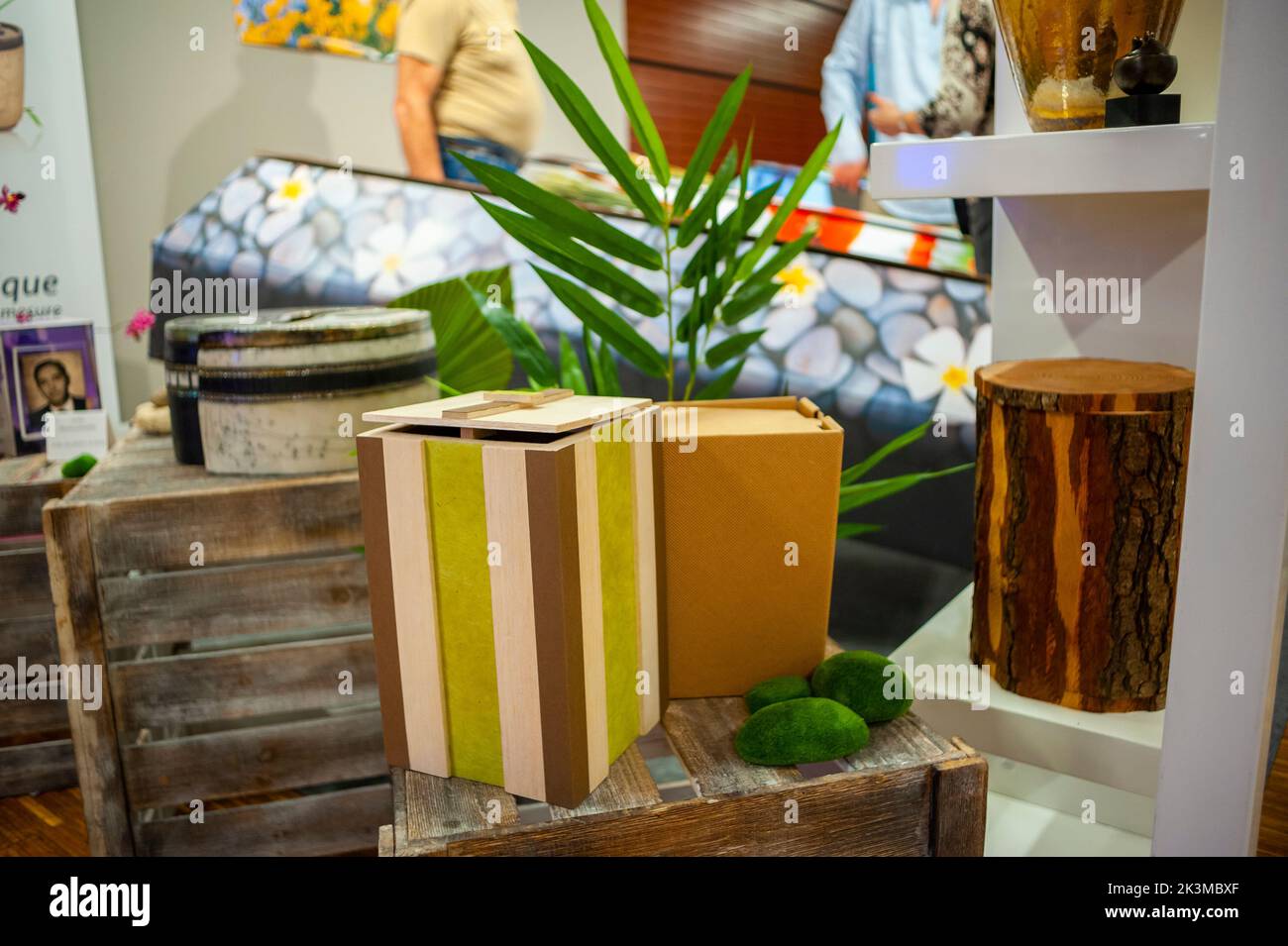 Paris, France, Biodegradable Urns on Display at Death Trade SHow 'Salon de la Mort' Stock Photo