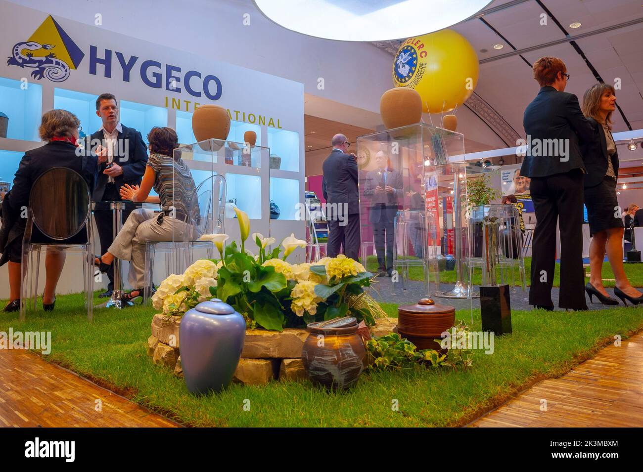 Paris, France,  Group Businessmen with Burial Urns on Display at Death Trade SHow 'Salon de la Mort',  'Hygeco' Stand Stock Photo