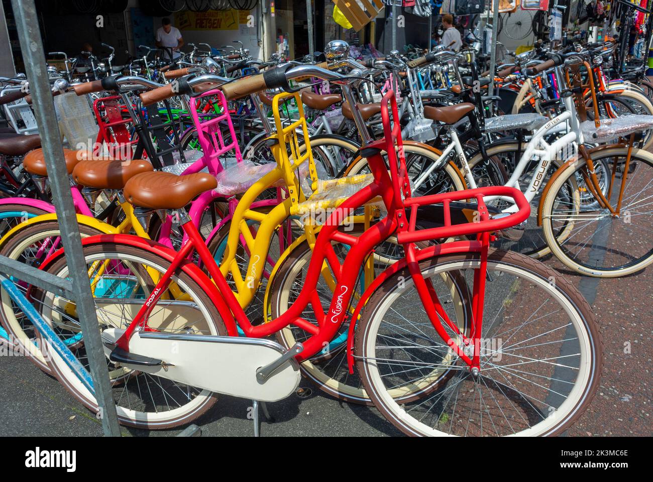 Amsterdam, Holland, Group Bicycles on Display in Bike Shop, on Street Stock Photo