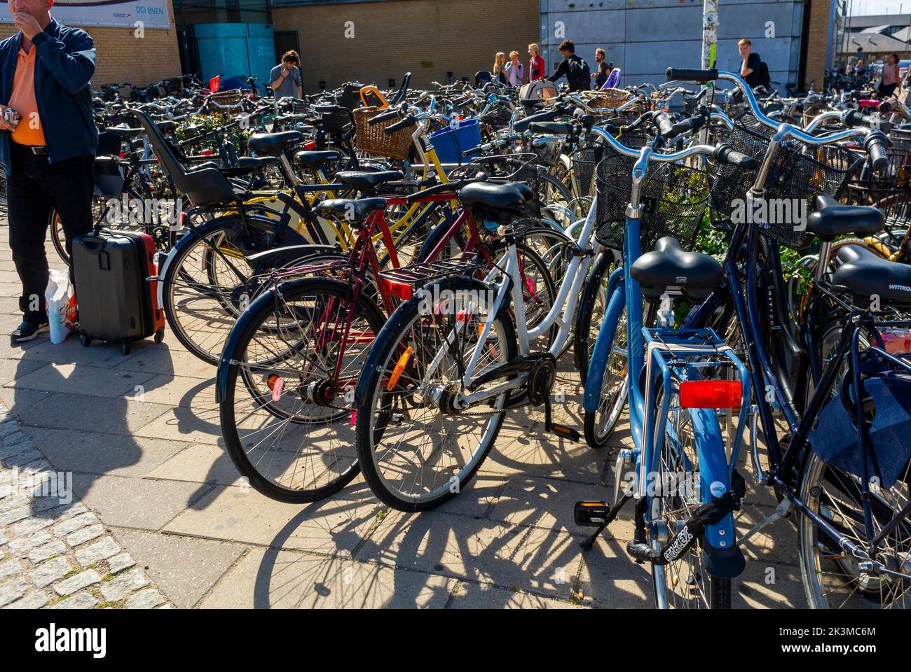 Copenhagen, Sweden, Large Group Bicycles at Pubic Parking Lot on Street Scene, City Center Stock Photo