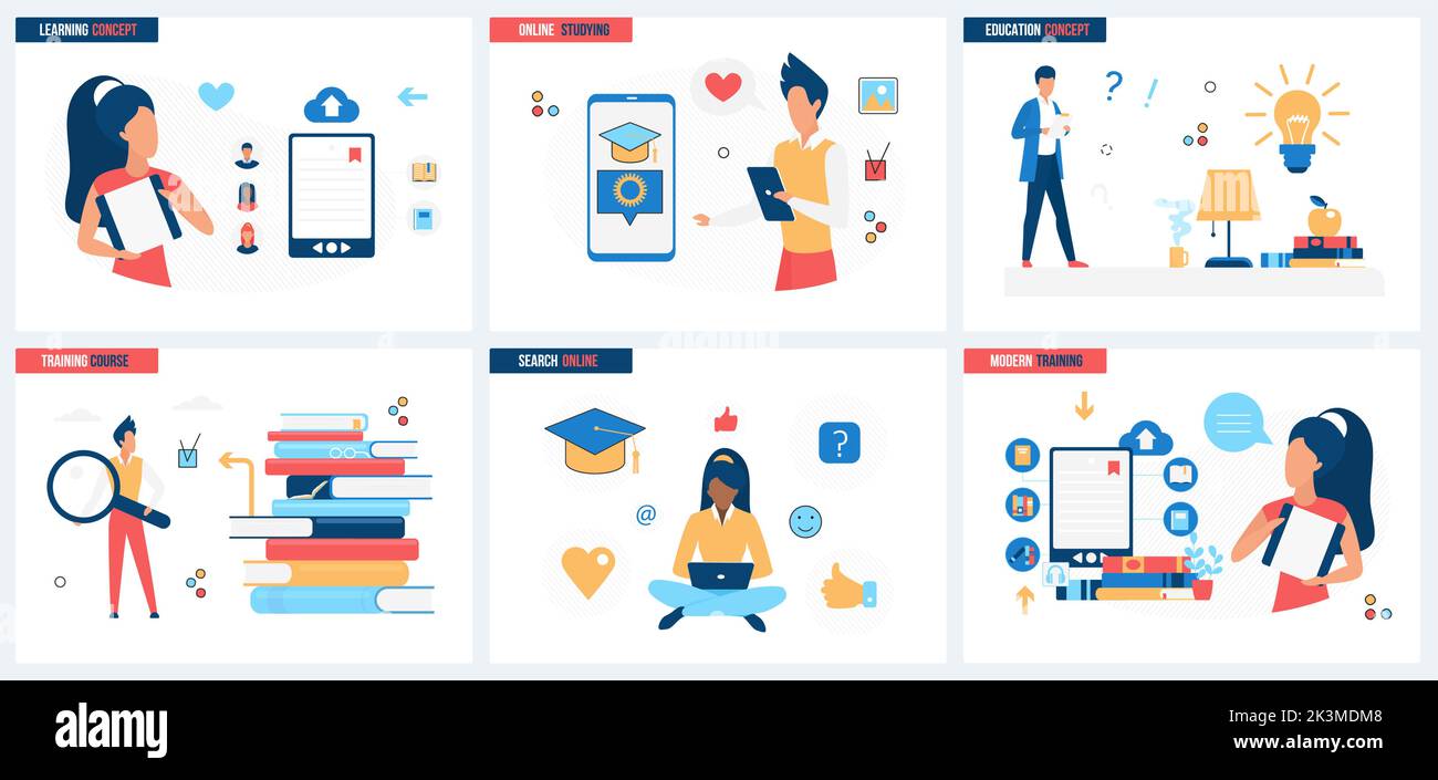 Online education, learning with phone mobile apps set vector illustration. Cartoon students studying with audio podcast, ebook and tutorials concept for banner, website design or landing web page Stock Vector