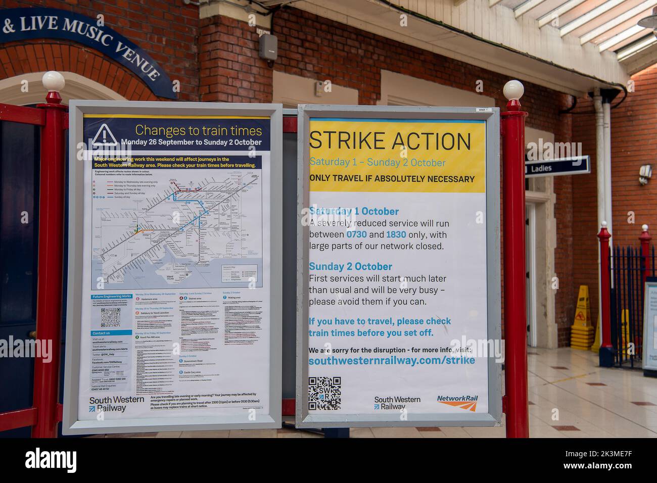 Windsor, Berkshire, UK. 27th September, 2022. Passenger advice from South Western Railway at the Windsor and Eton Riverside Station about the next rail strikes. Another National Rail Strike is taking place on 1st October 2022. Further rail strikes will also take place on 5th and 8th October. Credit: Maureen McLean/Alamy Live News Stock Photo