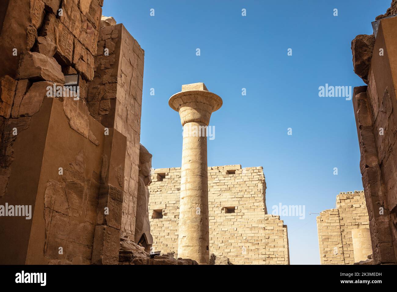 Different hieroglyphs on the walls and columns in the Karnak temple ...