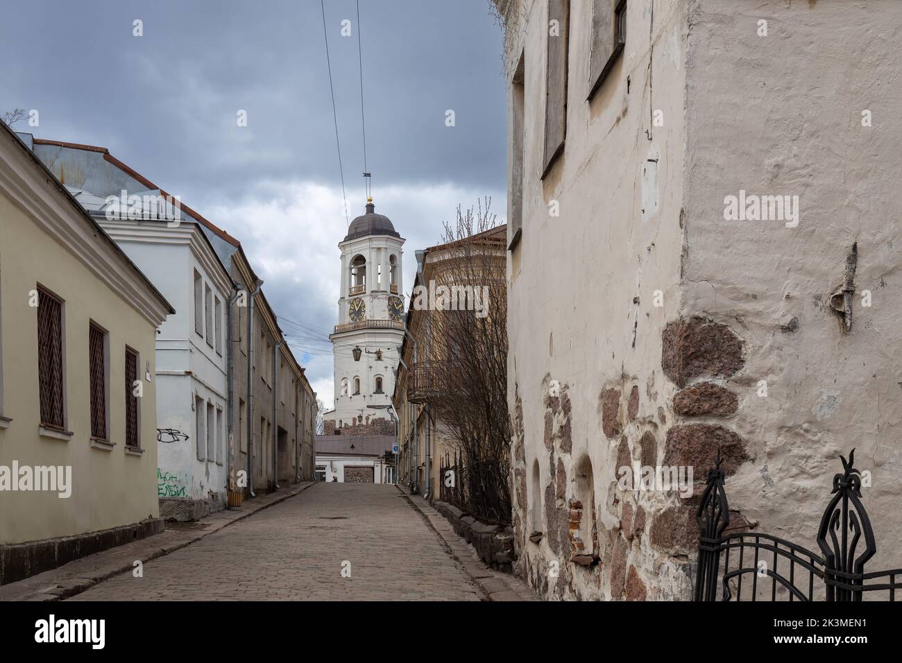 clock tower in the city of Vyborg, the bell tower of the destroyed cathedral, April 11, 2022, Vyborg, Russia Stock Photo