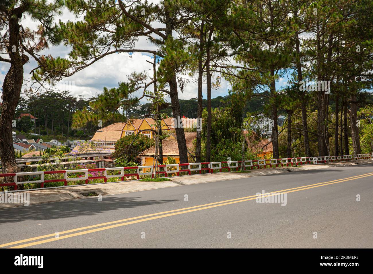 Dalat station behind the pines, looking across the street, in Da Lat, Lam Dong, Vietnam Stock Photo