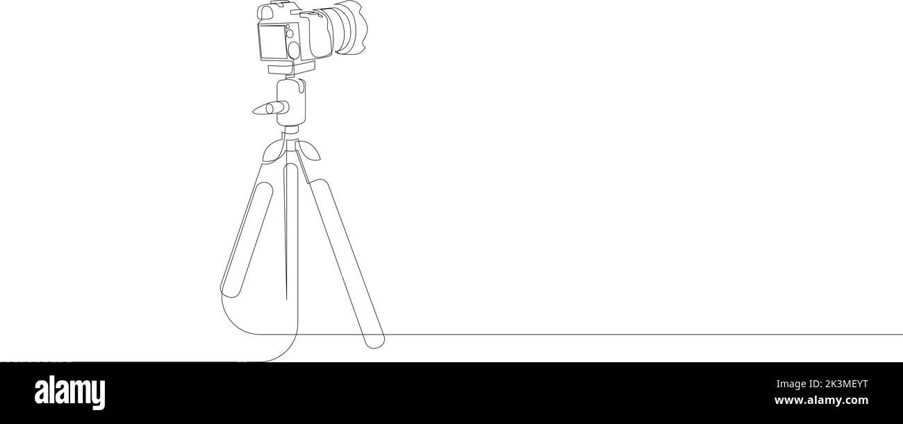 Continuous line drawing of the camera on a tripod. Vector illustration Stock Vector