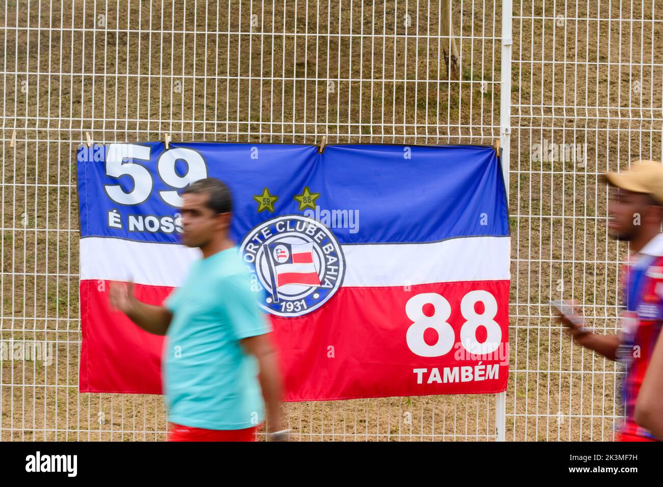 Salvador, Bahia, Brazil - April 01, 2018: Supporters with shirts and flags of Esporte Clube Bahia football team at Fonte Nova Arena. Salvador, Bahia. Stock Photo