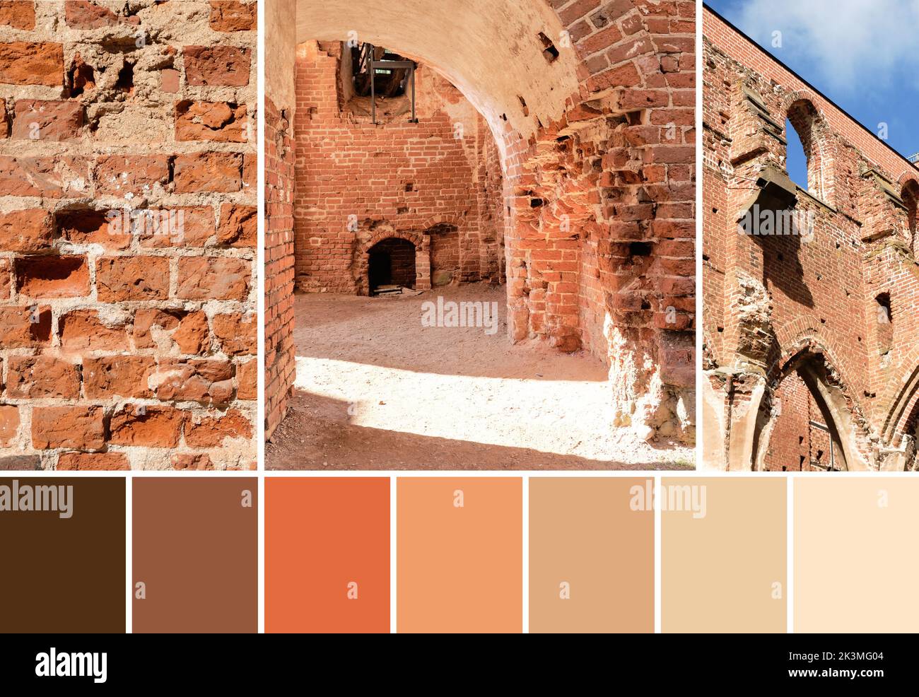 Orange and beige color matching palette from image of old brick walls. Ruins of historic Karkna abbey, cathedral in Tartu, Estonia on a sunny day. Stock Photo