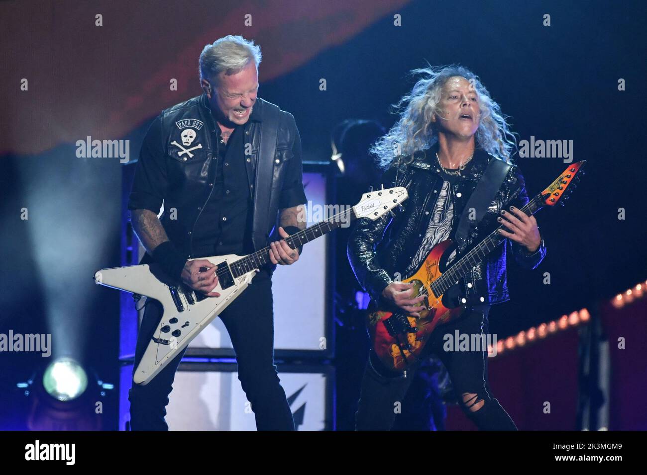 James Hetfield and Kirk Hammett of Metallica perform during the Global