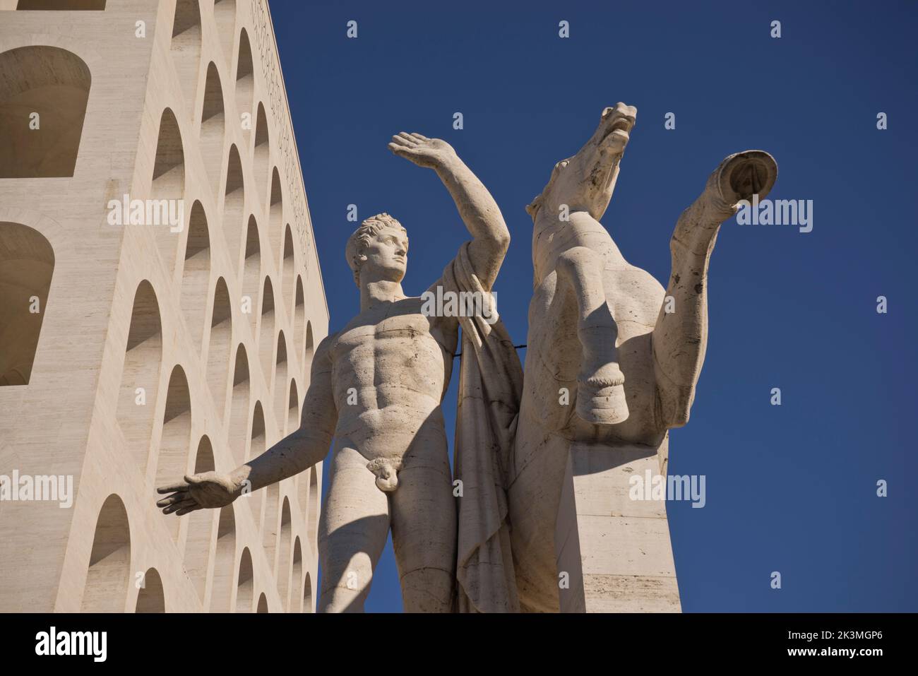 Views of buildings and statues at the EUR (Esposizione Universale Roma) district, with Fascist-era architecture from 1942 at the time of Mussolini. Rome,Italy Stock Photo