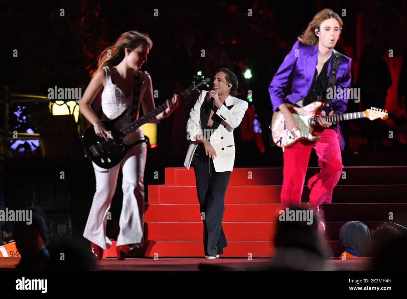 Damiano David, Thomas Raggi and Victoria De Angelis of Maneskin at the 2022 Global Citizen Festival in Central Park on September 24, 2022 in New York Stock Photo