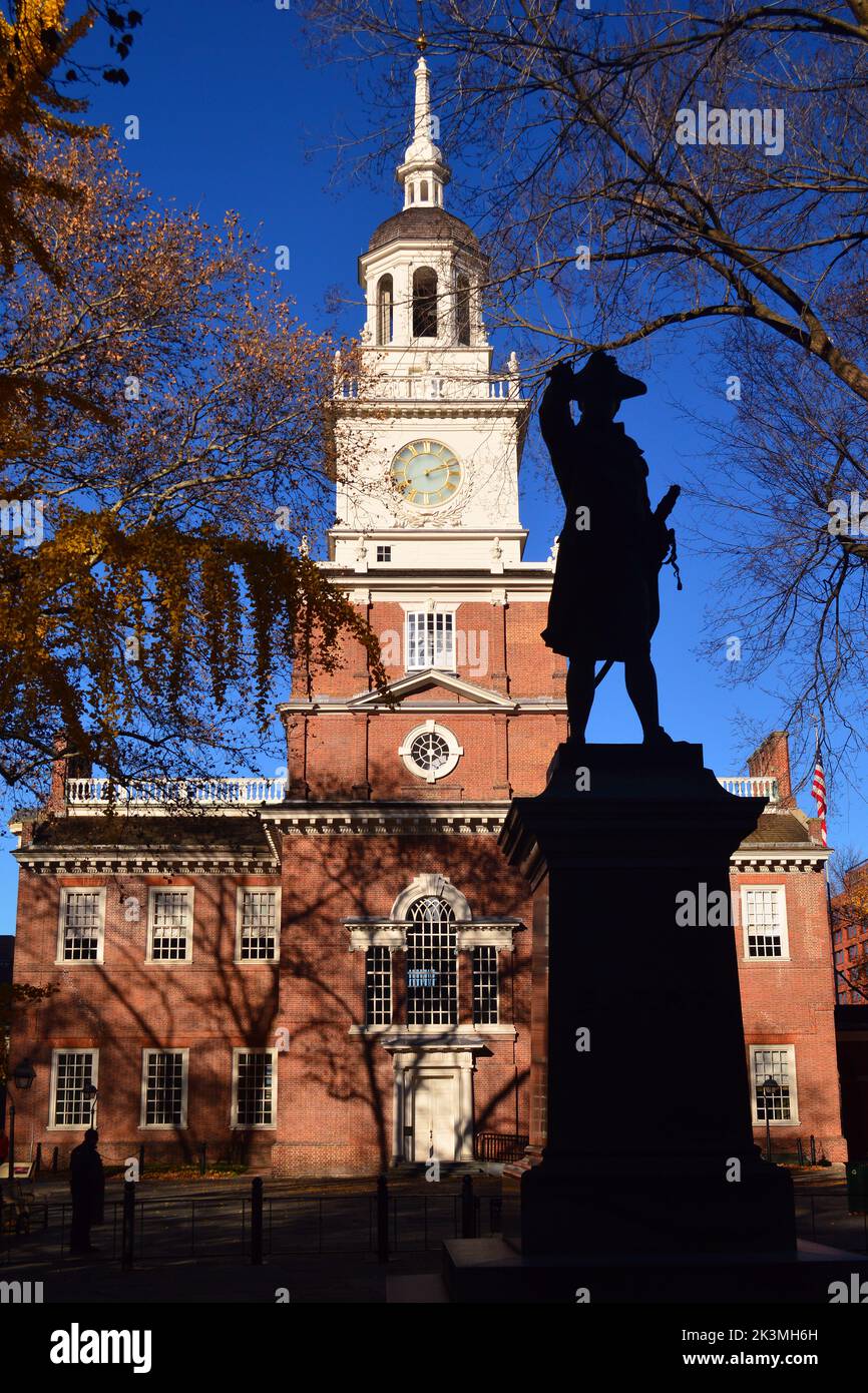 A sculpture of Commodore John Barry stands in front of Independence