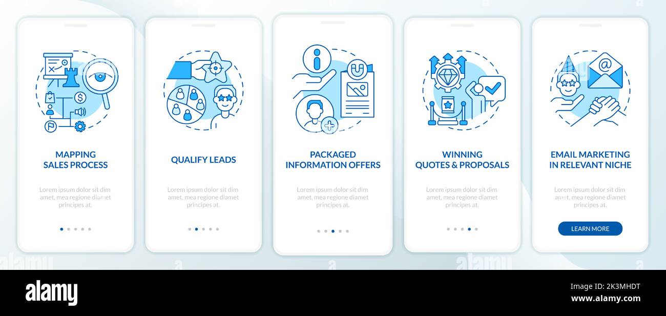 Process of lead conversion blue onboarding mobile app screen Stock ...