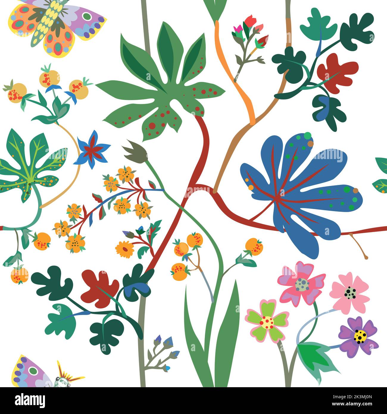 Seamless ditsy floral pattern with cute plants on white background ...