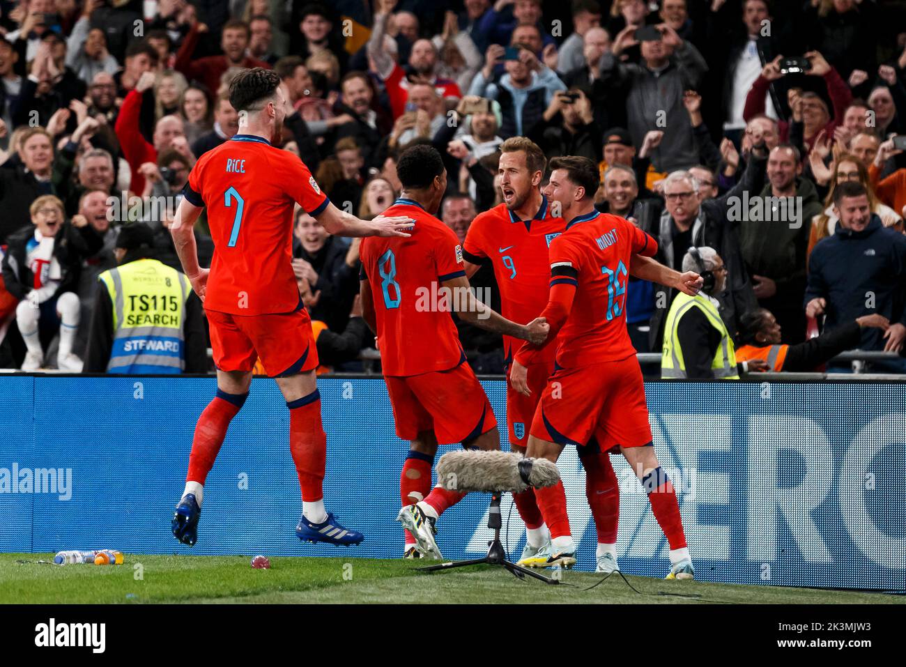 London, UK. 26th Sep, 2022. Harry Kane of England celebrates after scoring their third goal to make the score 3-2 during the UEFA Nations League Group C match between England and Germany at Wembley Stadium on September 26th 2022 in London, England. (Photo by Daniel Chesterton/phcimages.com) Credit: PHC Images/Alamy Live News Stock Photo