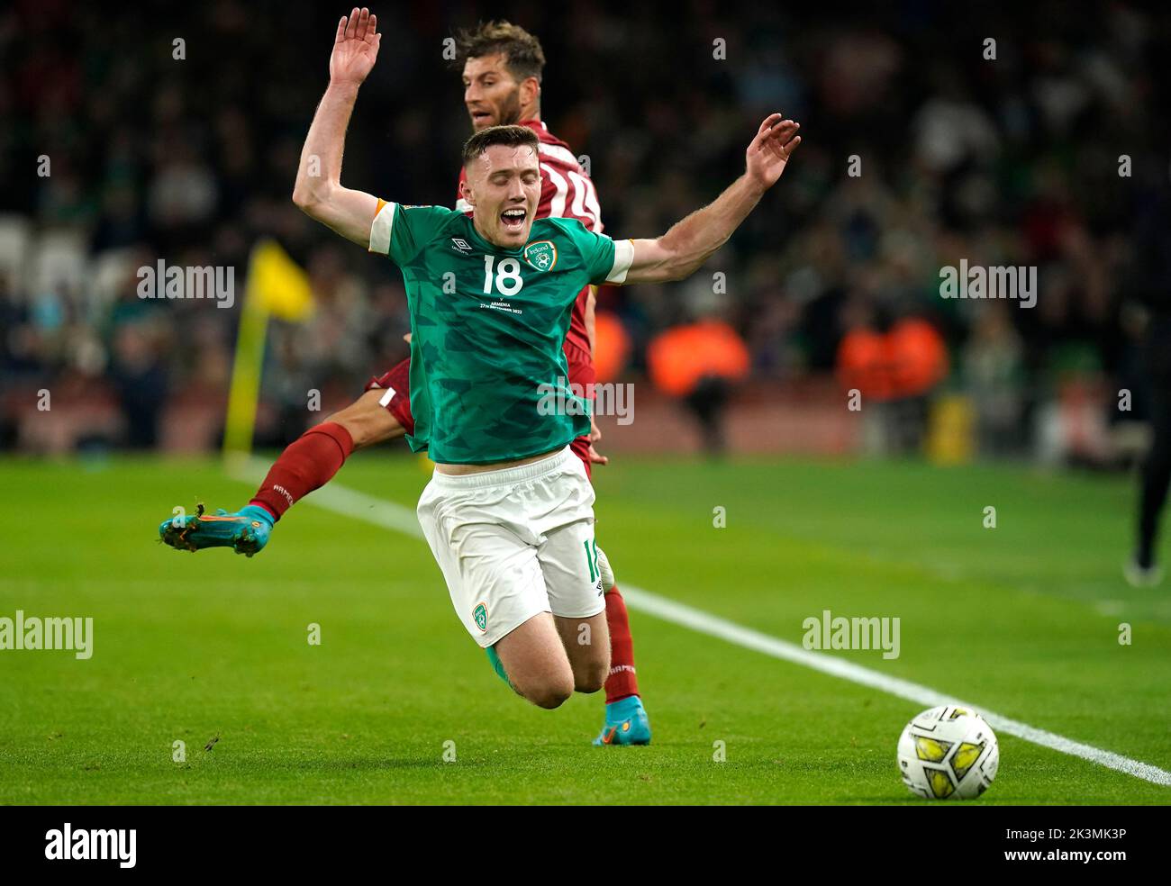 Republic of Ireland's Dara O'Shea is fouled by Armenia's Hovhannes Harutyunyan during the UEFA Nations League match at the Aviva Stadium in Dublin, Ireland. Picture date: Tuesday September 27, 2022. Stock Photo