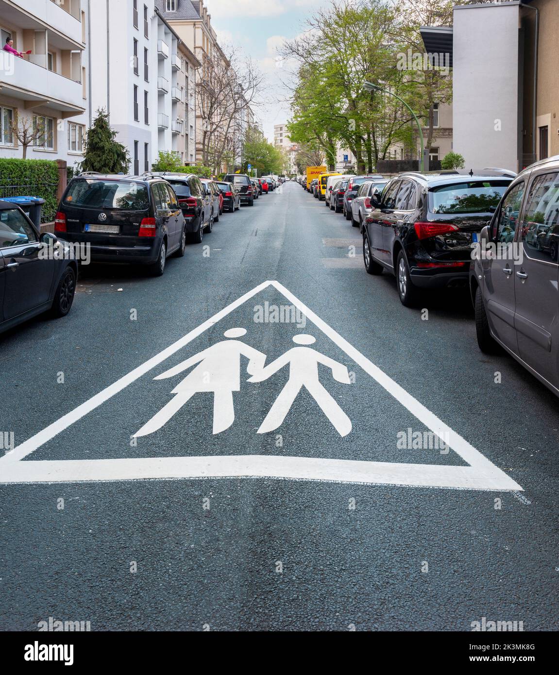 Attention Sign For Pedestrians On The Roadway, Frankfurt, Hesse, Germany Stock Photo