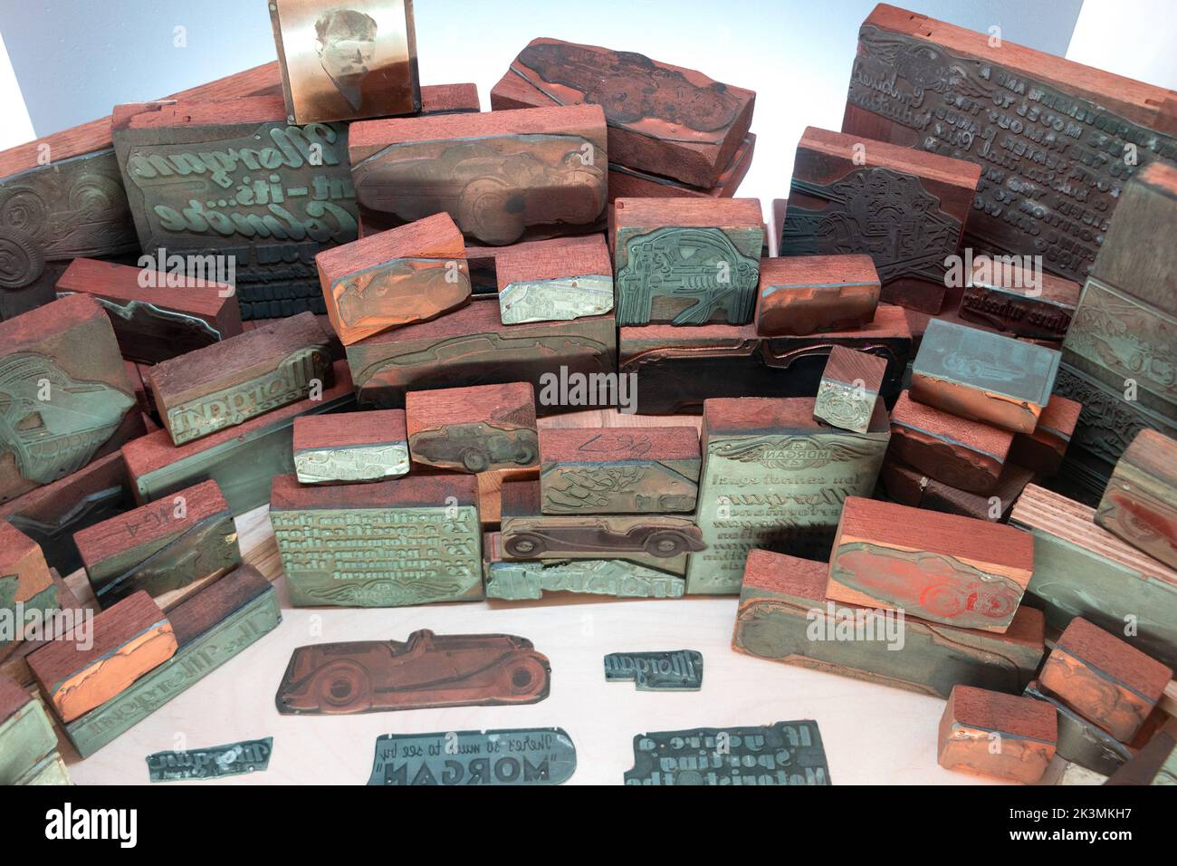 wooden block printing stamps at the morgan car factory malvern worcestershire uk Stock Photo