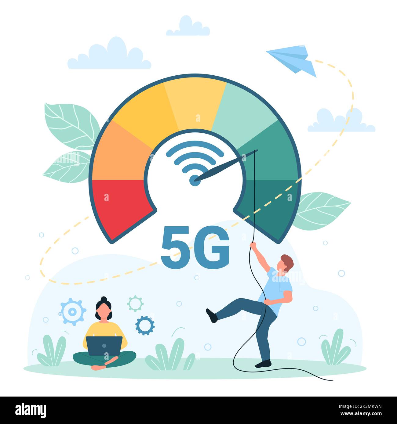 5G network, broadband internet connection speed increase vector illustration. Cartoon tiny man pushing arrow on speed meter to reduce latency of broadcast signal and wifi waves, woman using laptop Stock Vector