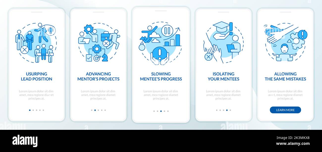 Ethical issues in mentoring blue onboarding mobile app screen Stock Vector
