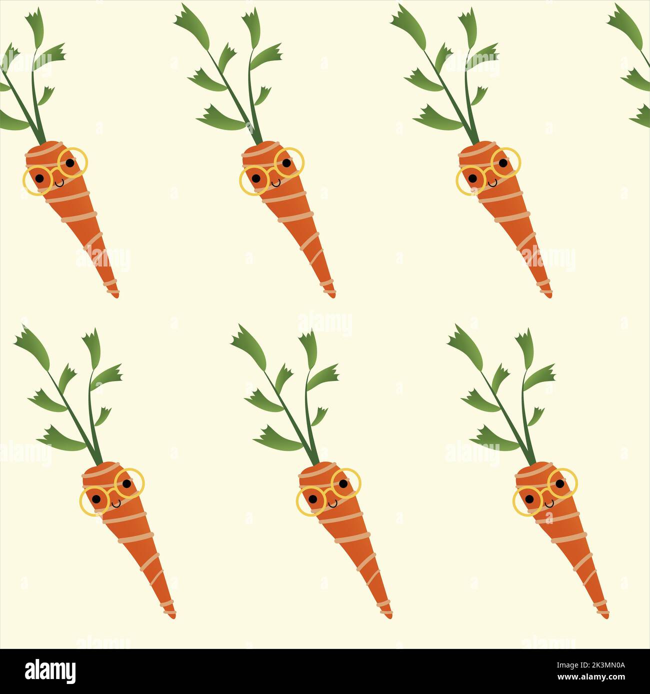 Seamless vector illustration in flat style. Carrots on a yellow background. Use cases are printing, wallpaper, wrapping paper, design, textiles, noteb Stock Photo
