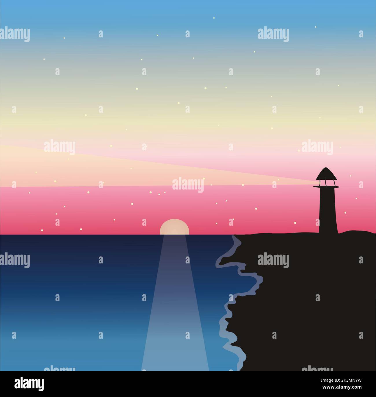 Lighthouse - vector landscape. Sea landscape with beacon on the cliff ...