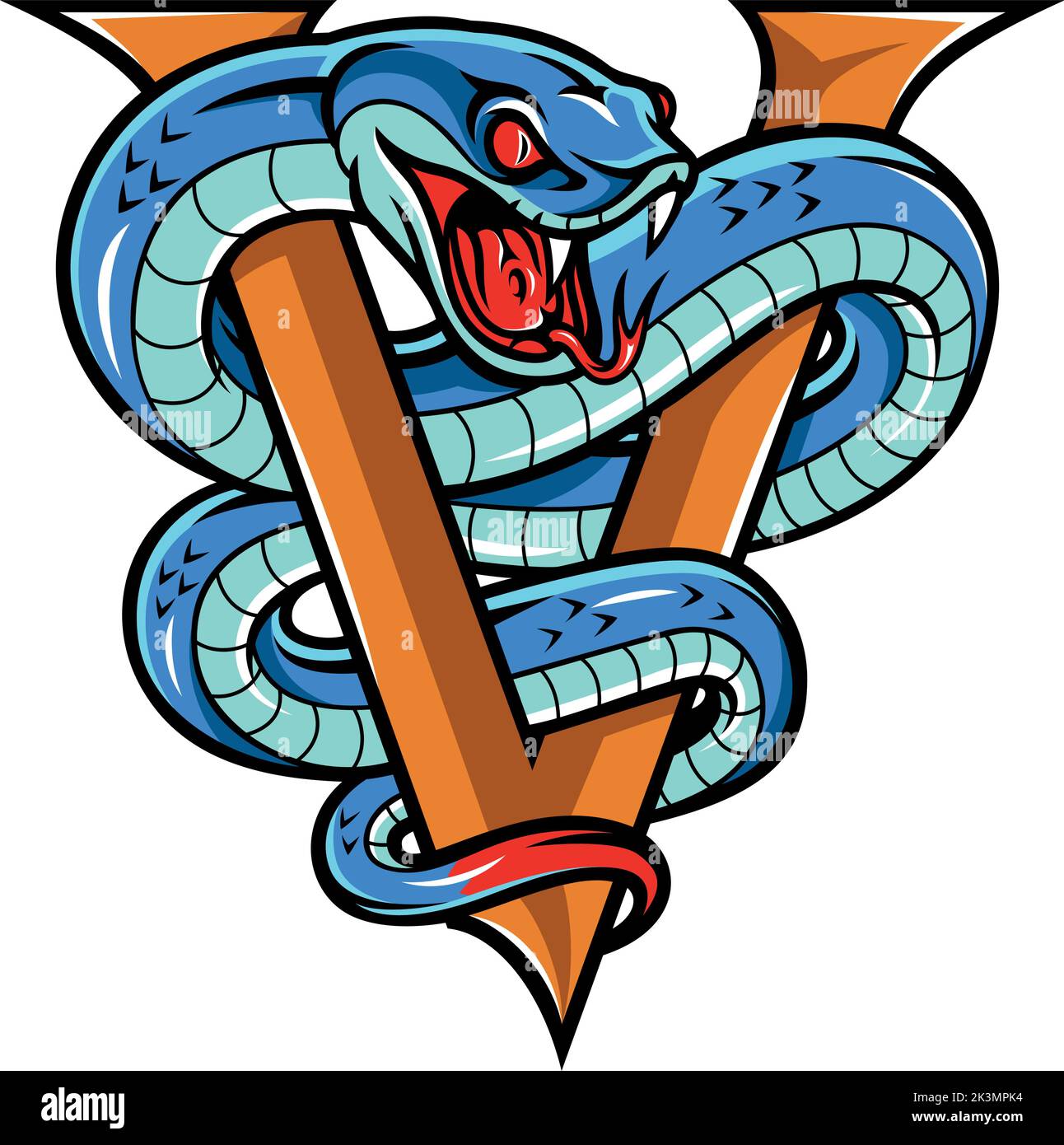 Aggressive Blue Viper Snake Wrap Around Letter V with Its Forked Tongue Out Stock Vector