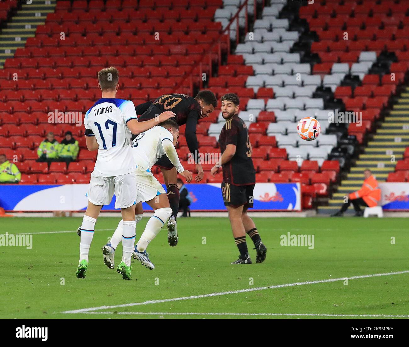 Bramall Lane, Sheffield, South Yorkshire, England; 27th September 2022;  International Friendly, England U21 versus Germany U21 : Germany's Felix Nmecha steps in with a header and scores his side's first goal in the 35th minute to make it 0-1 Stock Photo