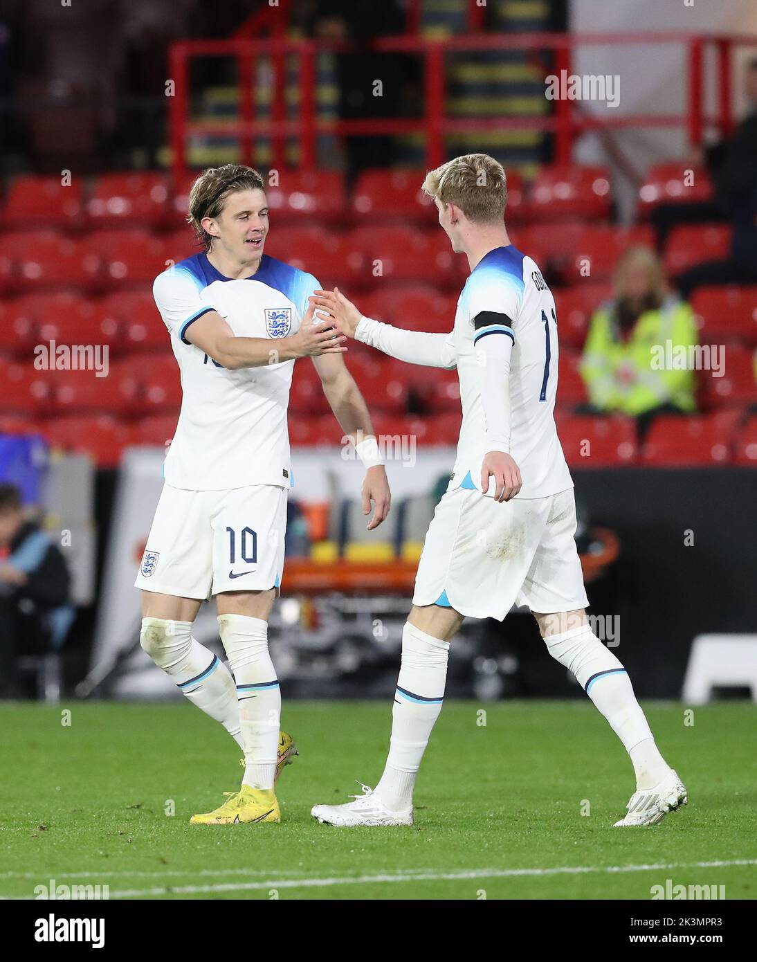 Bramall Lane, Sheffield, South Yorkshire, England; 27th September 2022;  International Friendly, England U21 versus Germany U21 : England's Conor Gallagher celebrates with Anthony Gordon after he scores his side's second goal in the 47th minute to make it 2-1 Stock Photo
