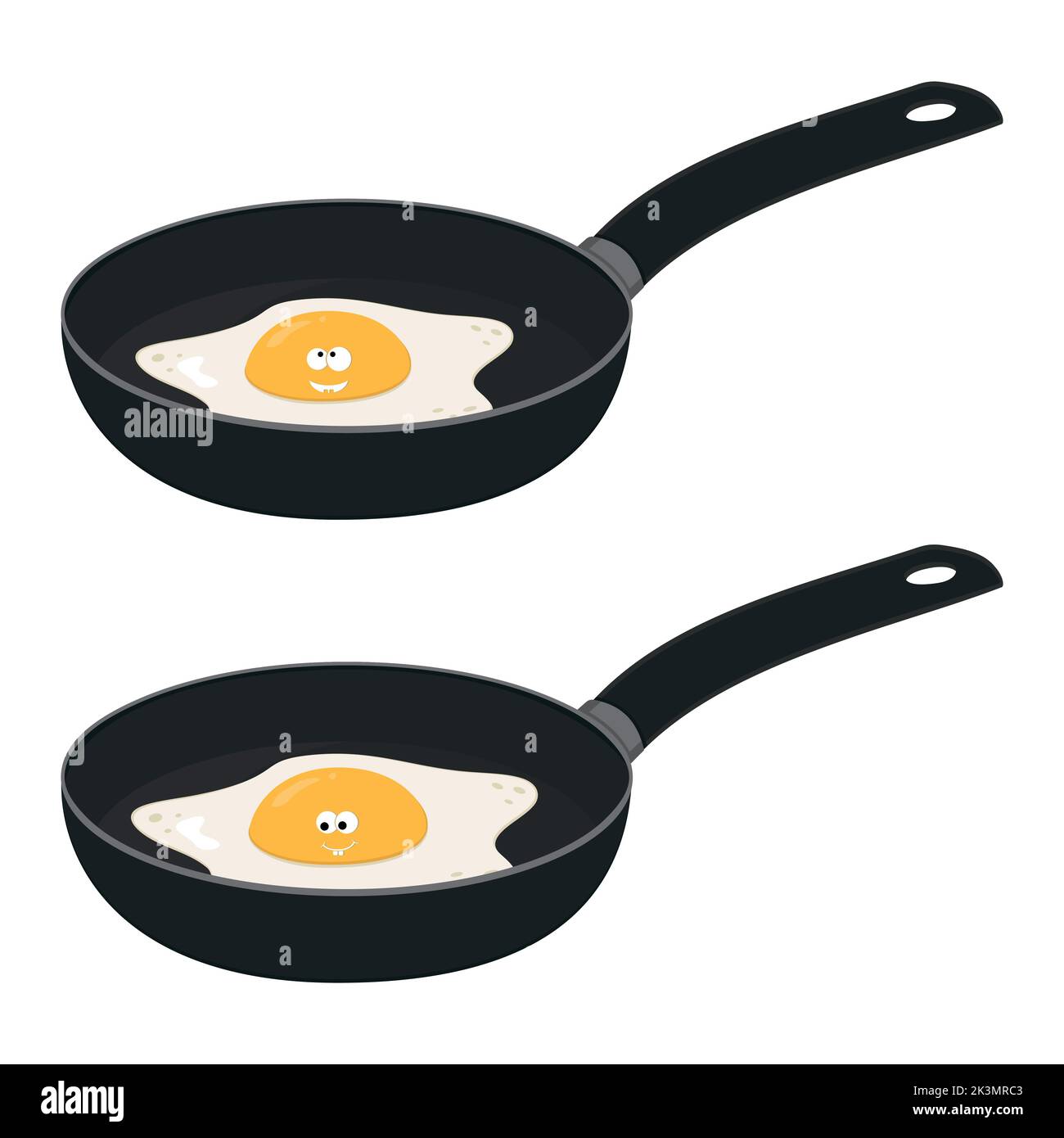 Fried egg character with kawaii eyes in a frying pan, black outline