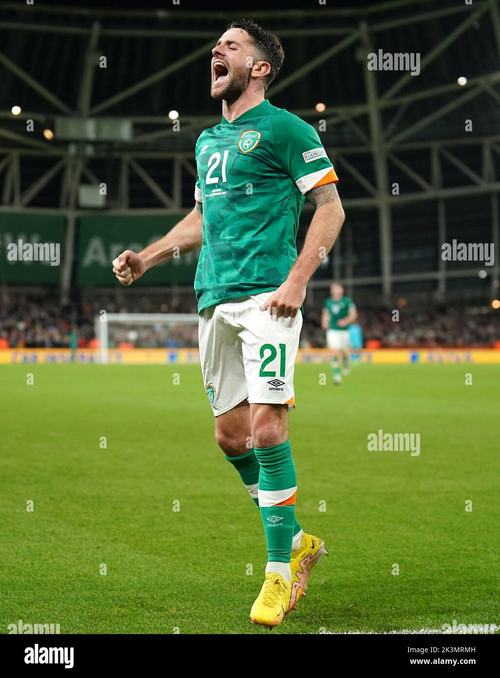 Republic of Ireland's Robbie Brady celebrates scoring their side's third goal of the game from the penalty spoty during the UEFA Nations League match at the Aviva Stadium in Dublin, Ireland. Picture date: Tuesday September 27, 2022. Stock Photo