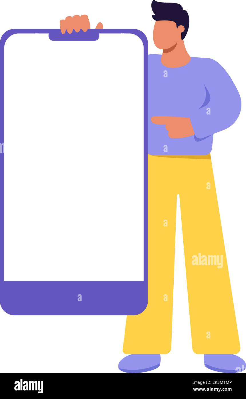 Vector tiny man standing and pointing at big blank smartphone screen. Mobile phone template. Empty cellphone display with copy space. Flat Stock Vector